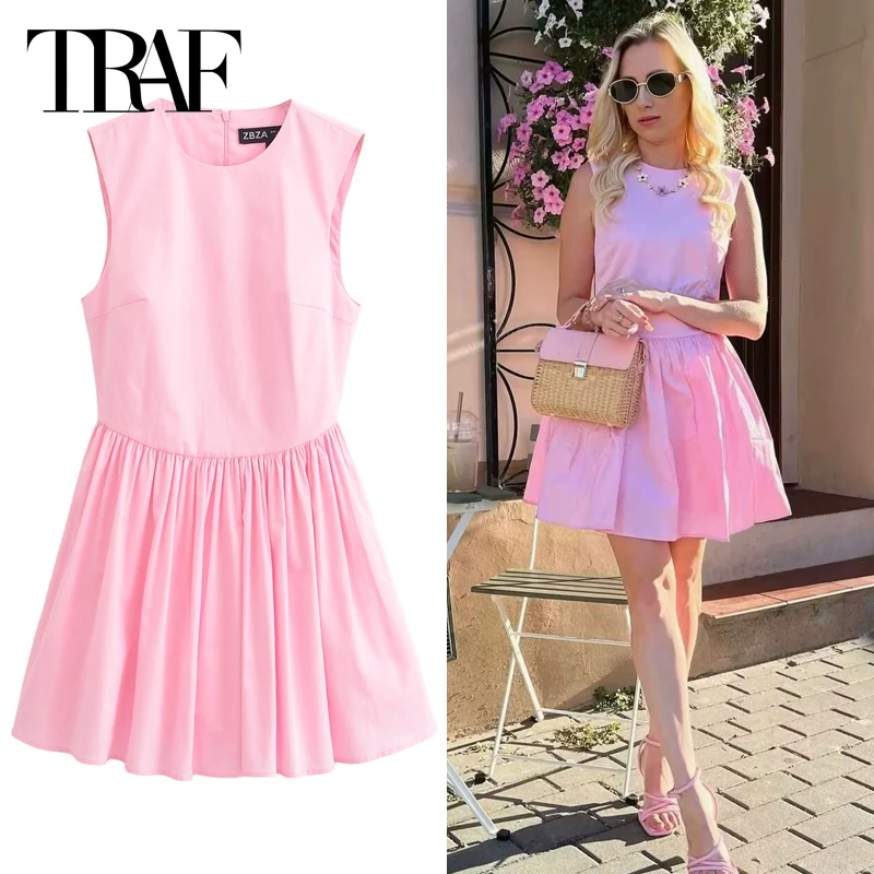 TRAF Women\'s Short Dresses 2024 Summer Elegant Party Sleeveless Pleated Mini Dress Ladies Fashion Casual Pink Short Dresses