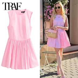 TRAF Women's Short Dresses 2024 Summer Elegant Party Sleeveless Pleated Mini Dress Ladies Fashion Casual Pink Short Dresses