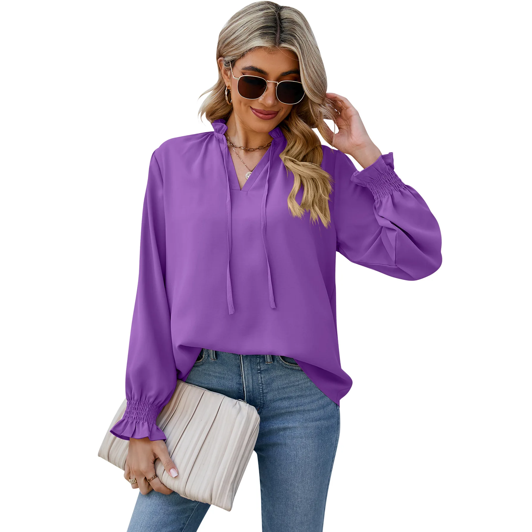 Women's Long Sleeve Top 2024 Spring Autumn New Women's Blouses Female Lace Up Chiffon Shirt Loose Soft Shirt Women's Clothing