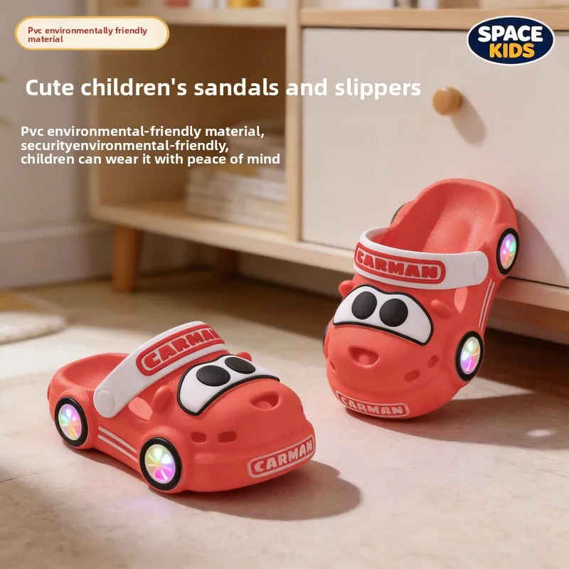Children's Slippers 2026 Summer New Boys' Car Shaped Wheels Will Light Up Anti Slip Soft Bottom Baby Beach Slippers