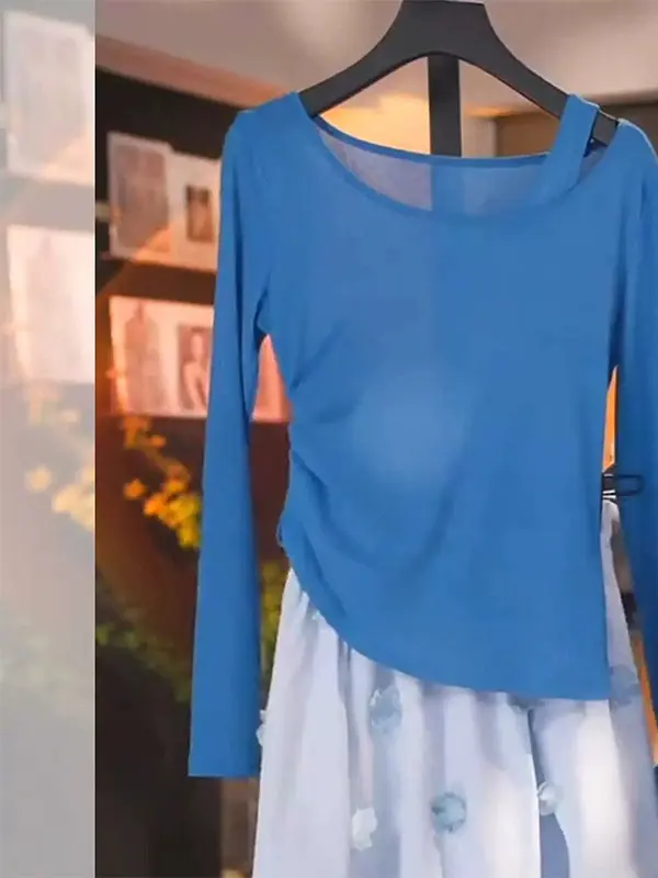 Korean Style Long Sleeve T-Shirt Ceiling Design Drawstring Waist UV Protection Fake Two-Piece Top Women's Fashion Autumn Wear