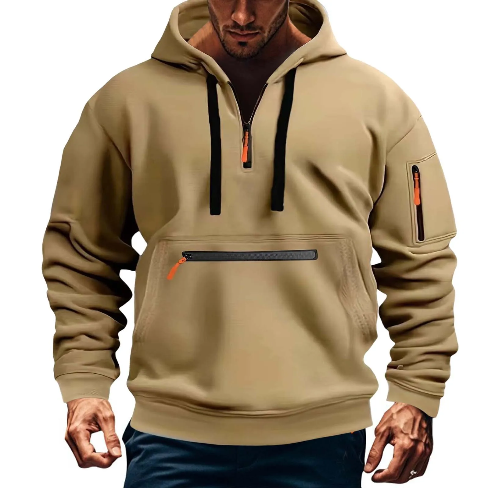 Cargo Hoodies Men‘S 2025 New Causal Pullover Multi-Zip Arm Pockets Hooded Tops Male Soft Outdoor Running Fishing Sweatshirts Y2k