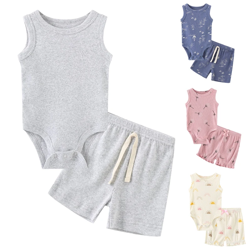 Unisex 2023 Solid Color 2Pieces Bodysuits+Shorts Cotton Newborn Baby Girl Clothes Set Cartoon Baby Boy Clothes Sleeveless