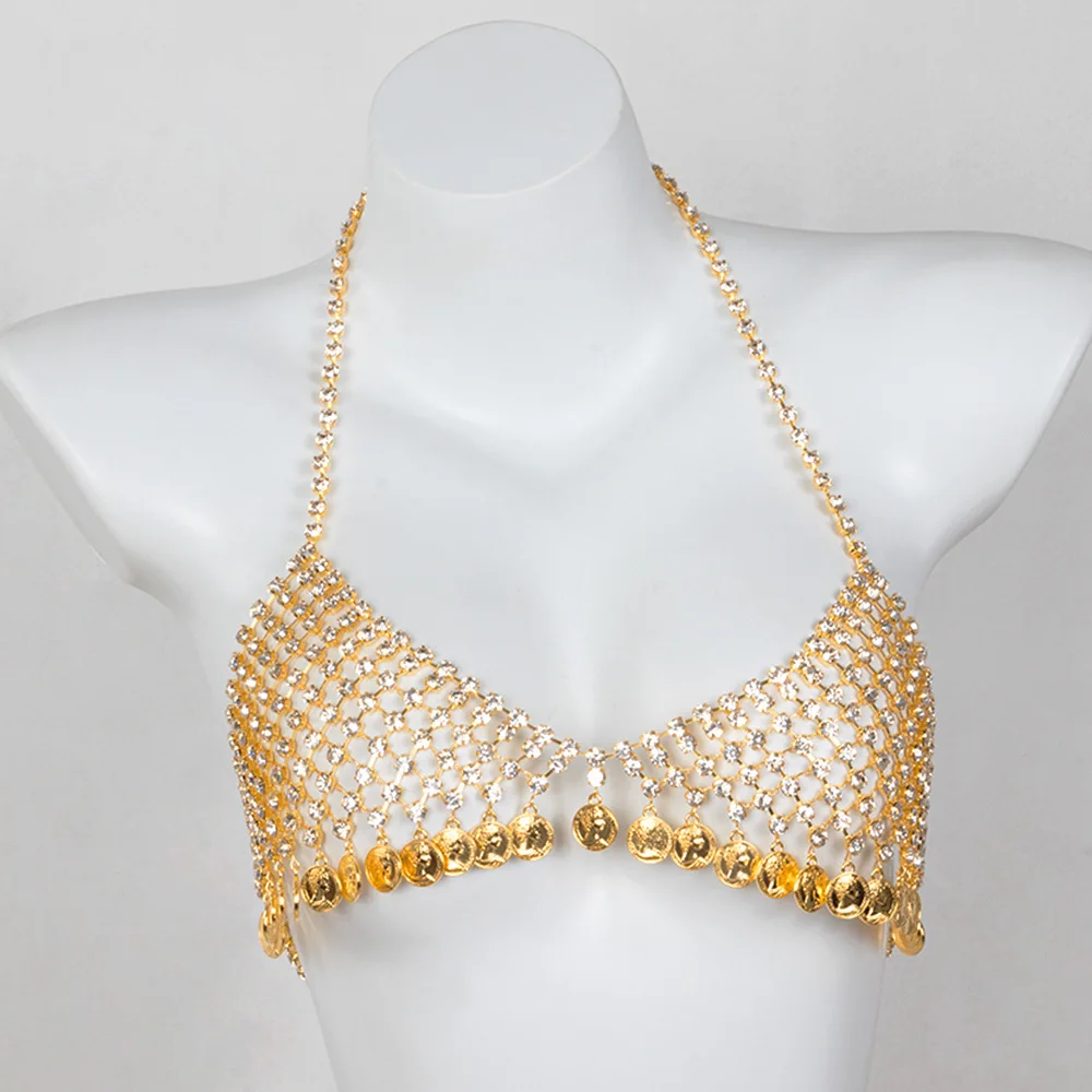 Fashionable Hanging Neck Style Hollow Out Sequin Tassels Bra Underwear Two Piece Set Body Chain Jewelry