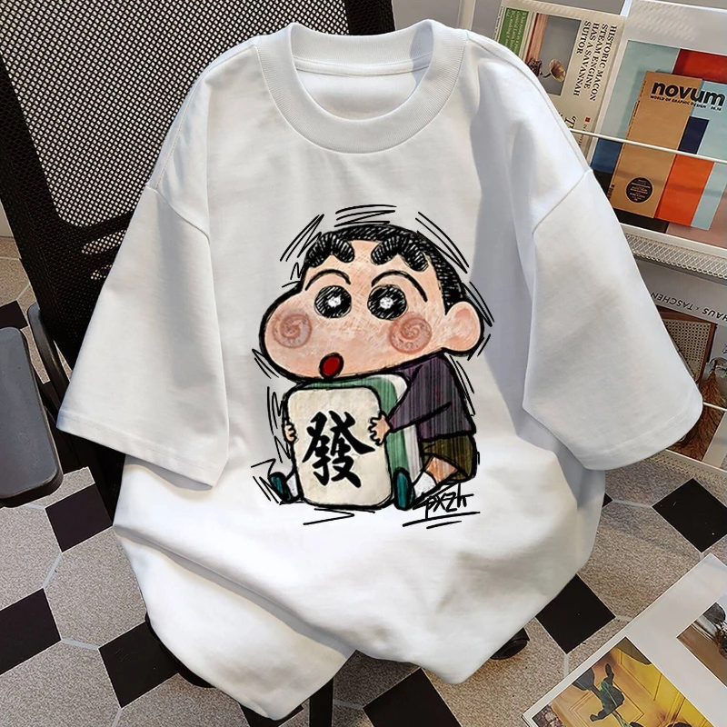 Crayon Shin-chan Print T-Shirt aus 100 % Baumwolle für Herren und Damen, Sommerliches, schweres Kurzarm-Shirt, locker geschnitten, lässig, trendige Marke
