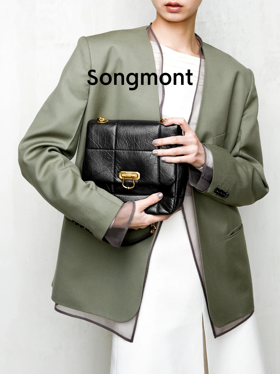 Songmont Medium soft chocolate bags for women shoulder classic chain bags top layer cowhide leather square style