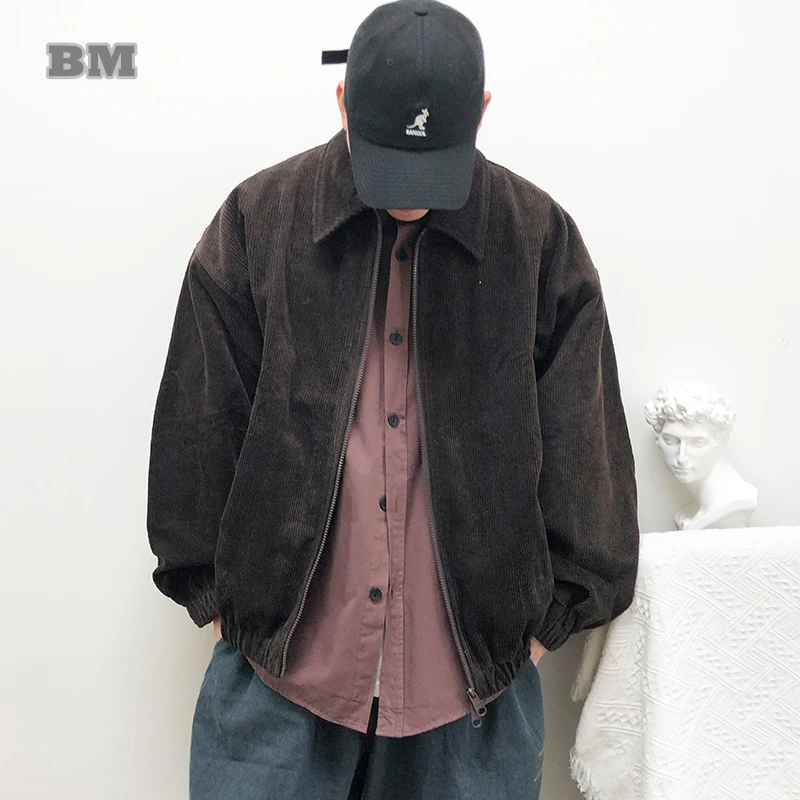 

Japanese Vintage Corduroy Jacket For Men Casual Loose Fit Coat Oversized Brown Drop Shoulder Minimalist Fashion Spring Autumn