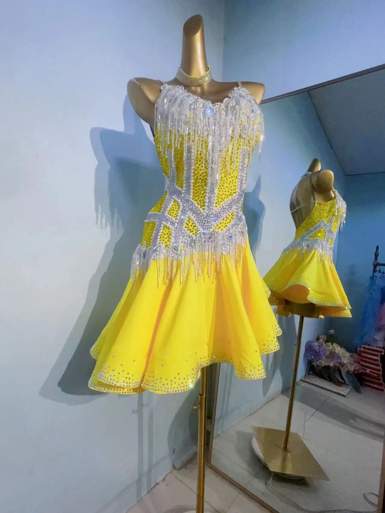 Vestido de dança latina feito sob encomenda, luxuoso, com franjas de diamante, adulto e infantil, tango cha samba, traje de competição