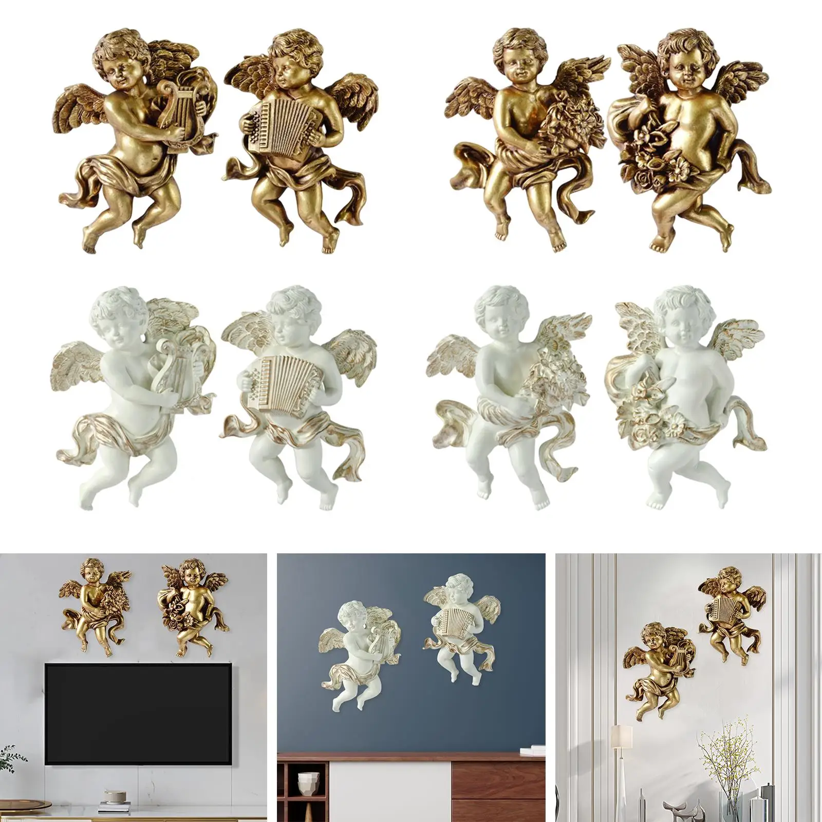 

2 Statue Figurines Cherub Wall Sculpture Resin Crafts Hanging Decorative Art