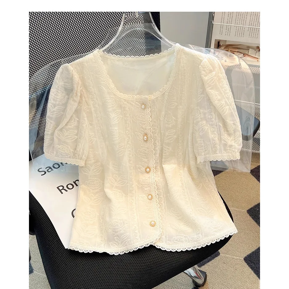 Lace Top Women's 2025 Summer New Temperament Chiffon Shirt Short Sleeve