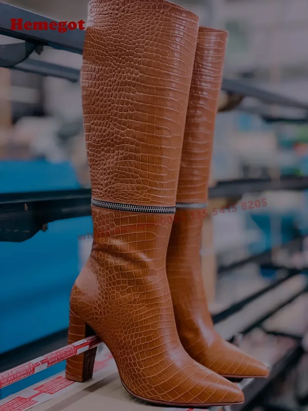 Zipper Splicing Knee High Boots Winter Detachable Elegant Casual Shoes 2026 Croc-Pattern Pointy Toe Chunky Heels Women's Boots