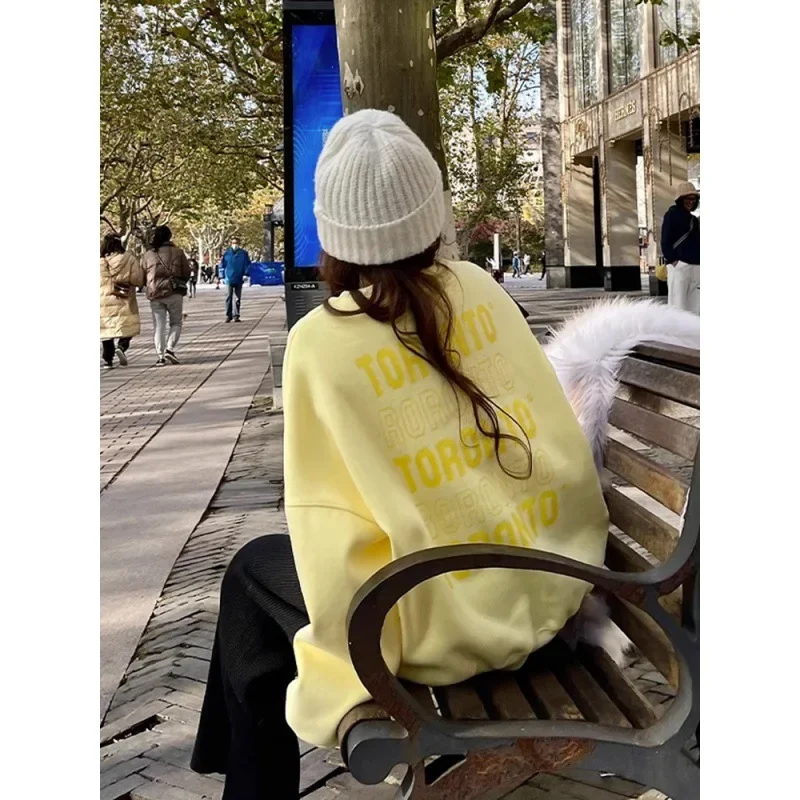 Spring New Creamy Yellow Baggy Sweatshirt Women Fashion Letter Printing Street Lazy Wind Pullover Tops Korean Y2k Clothes