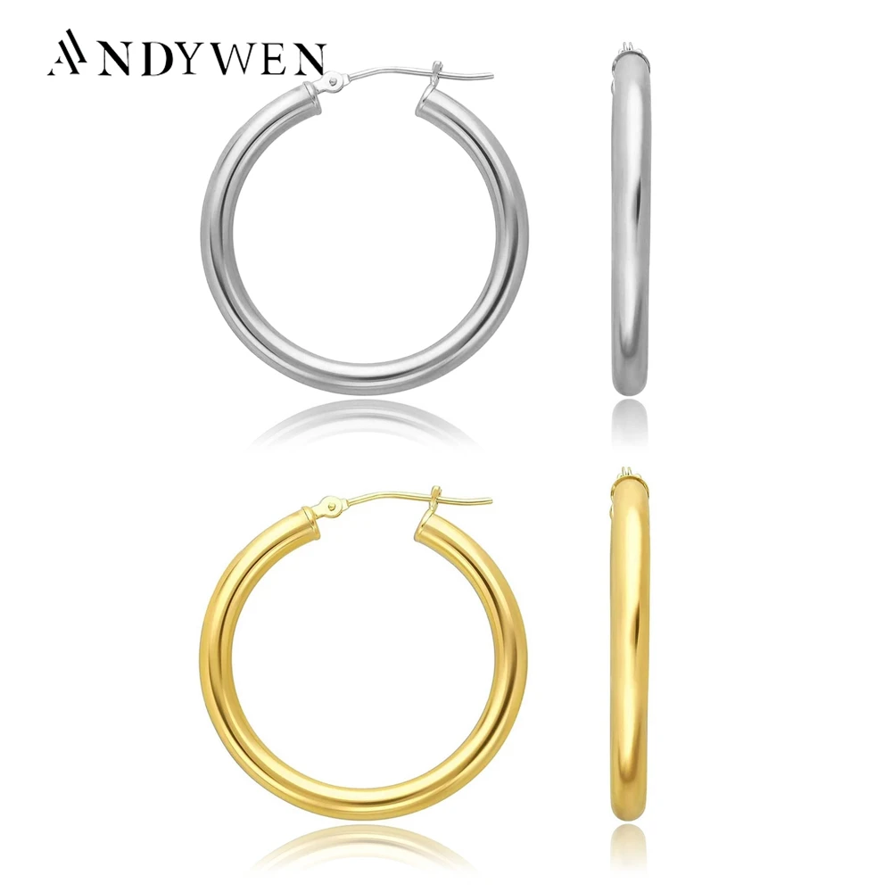 ANDYWEN 925 Sterling Silver Plain 22mm Big Round Hoops Women Luxury Circle Round Fashion Earring Piercing Ohrringe Luxury Jewelr