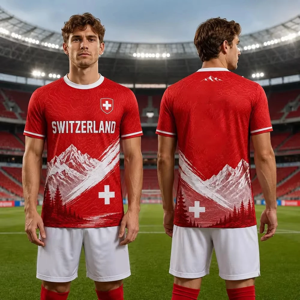 Unisex Switzerland Soccer Jersey Red White Crew Neck Splash Mountain Forest Print Cross Flag Decor 2026 Crest Fan Football Shirt