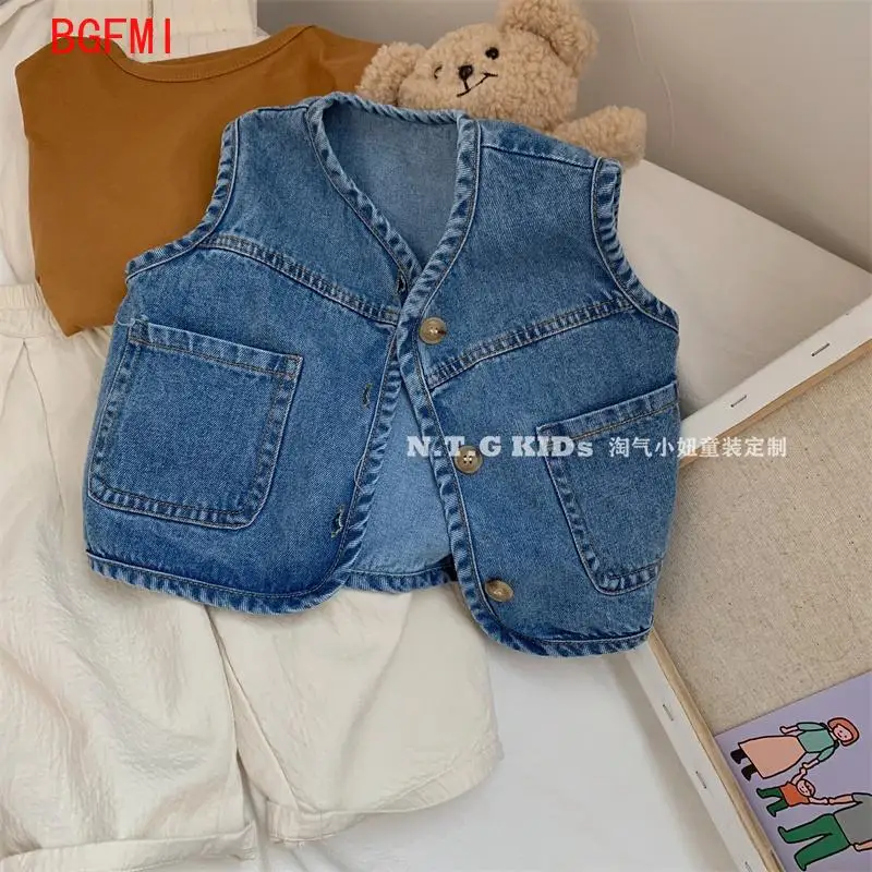 Kids Baby Denim Waistcoat Spring Autumn Boys Girls Sleeveless Casual Vest Toddler Kids Solid Color Versatile Simple Outerwear