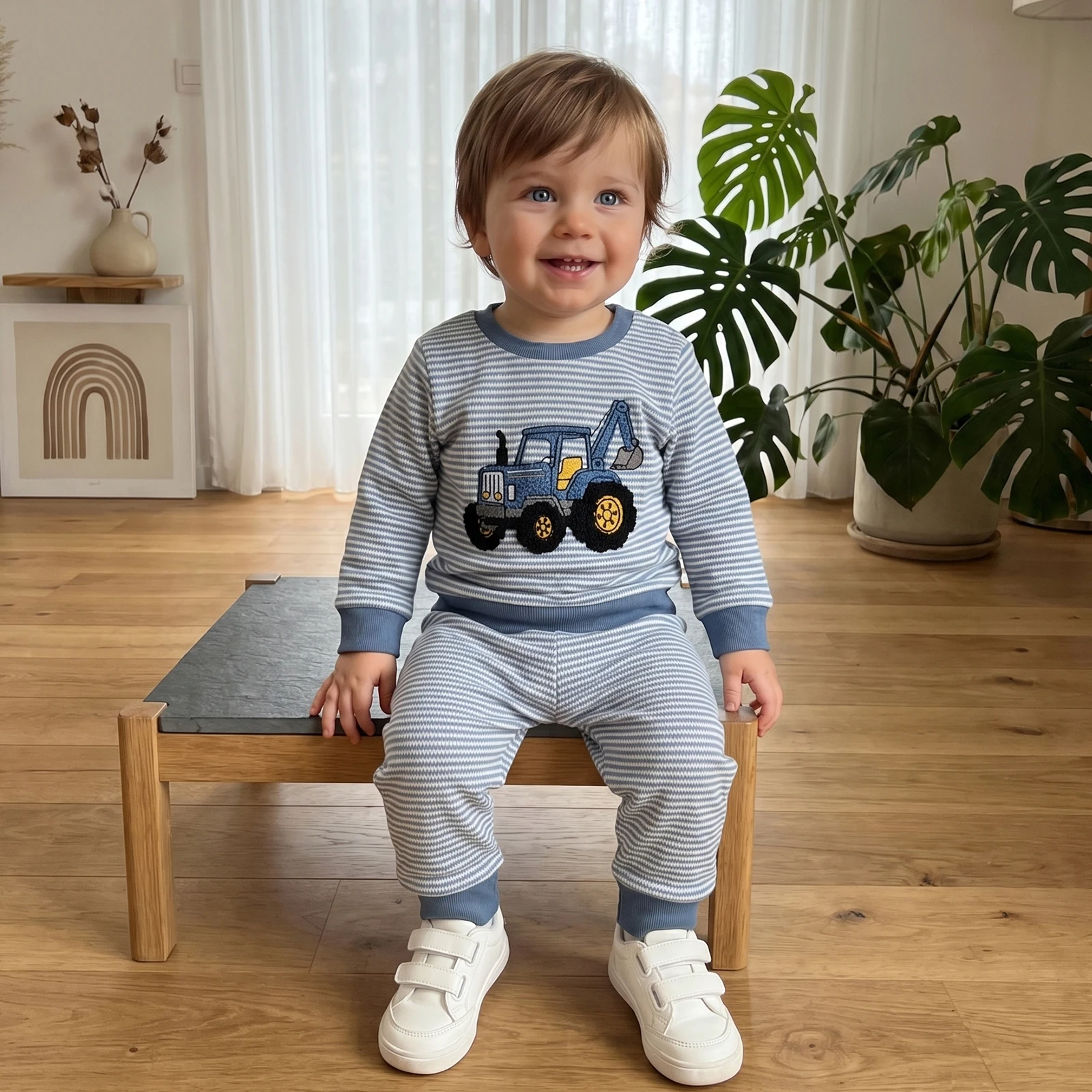 2027 Winter Toddler Baby Boy Striped Outfit Waffle Grid Excavator Embroidery Crew Neck Long Sleeve Sweatshirt and Pants 2Pcs Set