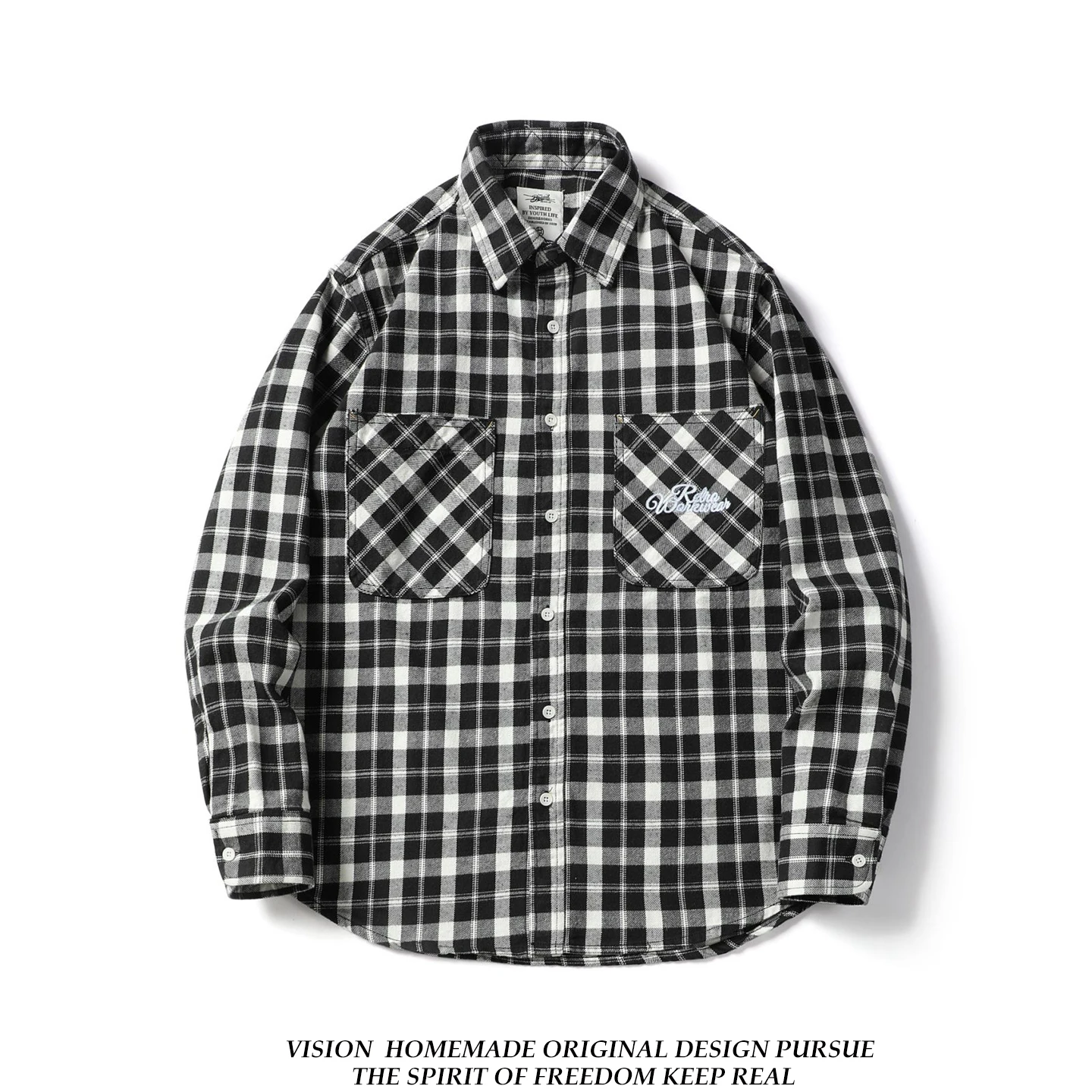 

Retro Japanese Sle Plaid Embroidered Flannel Thiened Brued Long Sve Casual Loose Men's irt Warm Cotton Autumn Winter