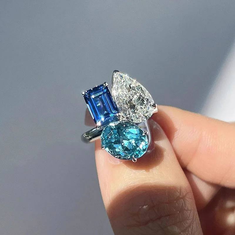 Hip hop style high-end three piece sparkling diamond rings clear blue water droplet index finger ring party jewelry gifts
