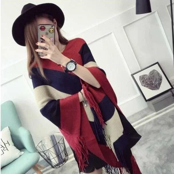 Pull Femme Autumn Winter Women Tassel Knitted Sweater Poncho Sexy Striped V Neck Irregular Hem Casual Loose Pullover Jumper Gray