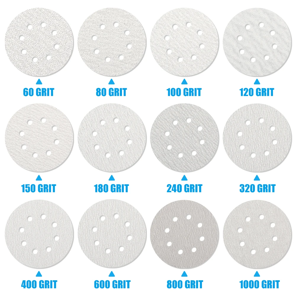 XCAN 10Pcs 5 Inch 8 Hole Hook and Loop Sanding Discs White Sandpaper for Orbital Sander Woodworking Metal Grinding Disc