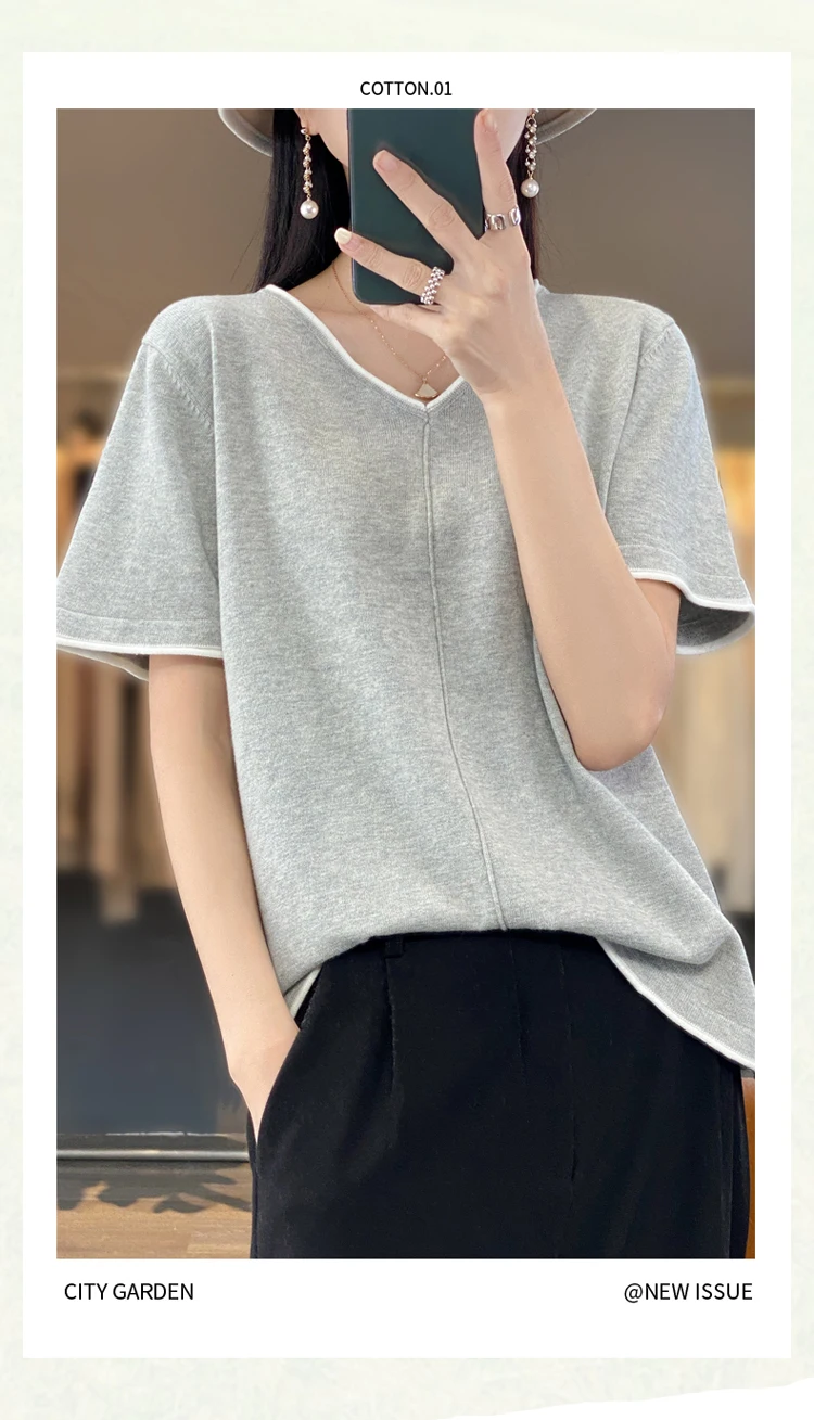 100% Cotton T-Shirt Women's V-Neck Pullover Short Sleeve Summer New Casual Knitting Loose Top Fashion Color Contrast T-Shirt