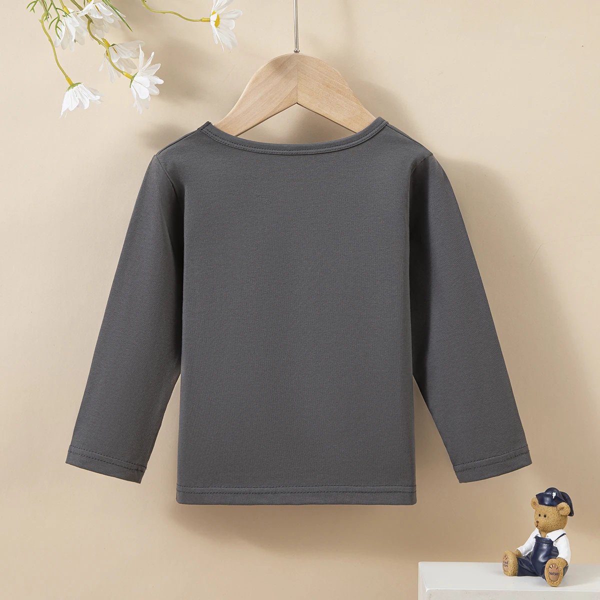 Kids Long Sleeve T-Shirt Dark Grey Crew Neck Stretchy Top Toddler Boys Girls Basic Cotton Blend Undershirt Casual Wear