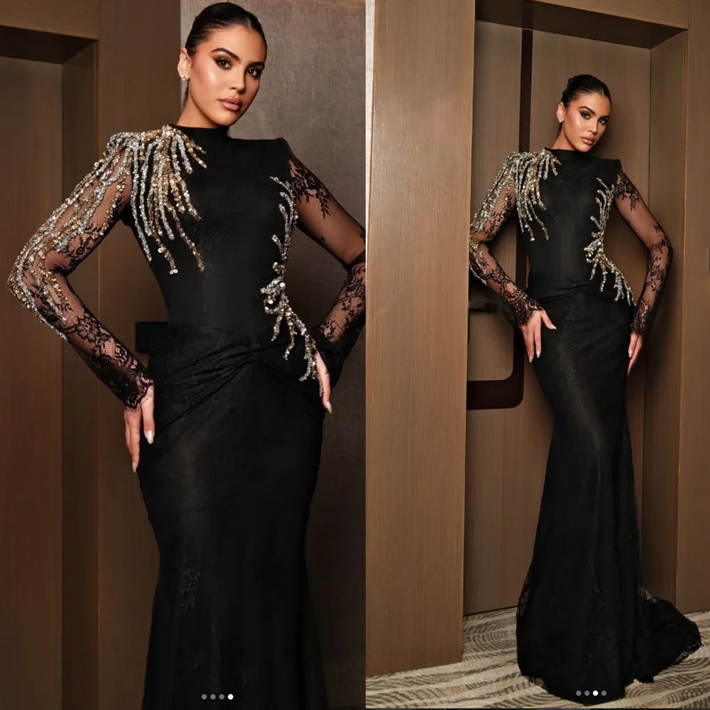

Customized Elegant Lace Evening Dress Beaded Sequin Detail Formal Occasion Gown Mesh Sleeve Mermaid Birthday Party Dresses