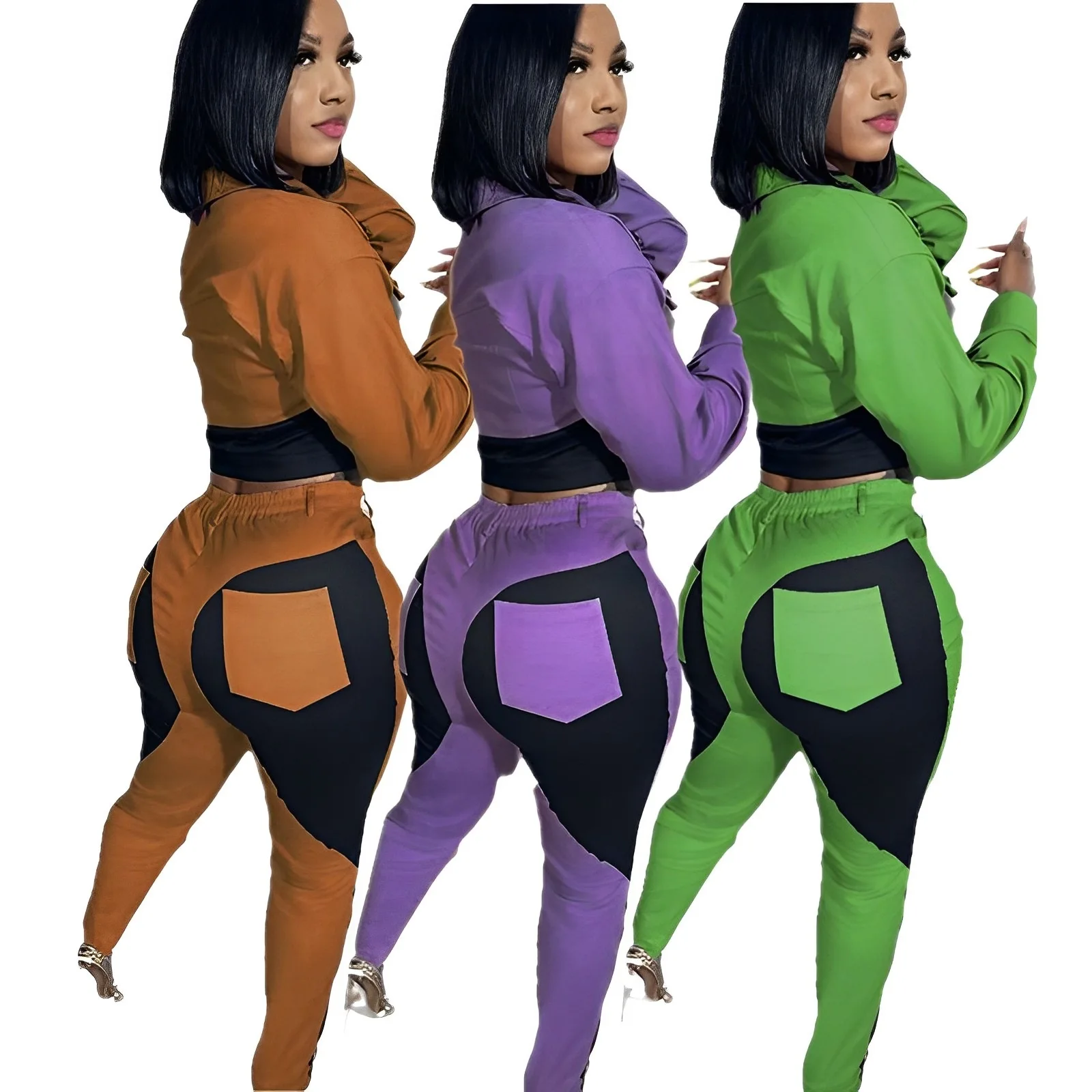 BWQ Jesień i Zima Nowa Kolekcja Damska Odzież Casualowa Sportowa Zestaw Dwuczęściowy: Bluzka z Długim Rękawem i Spodnie w Kontrastowych Kolorach