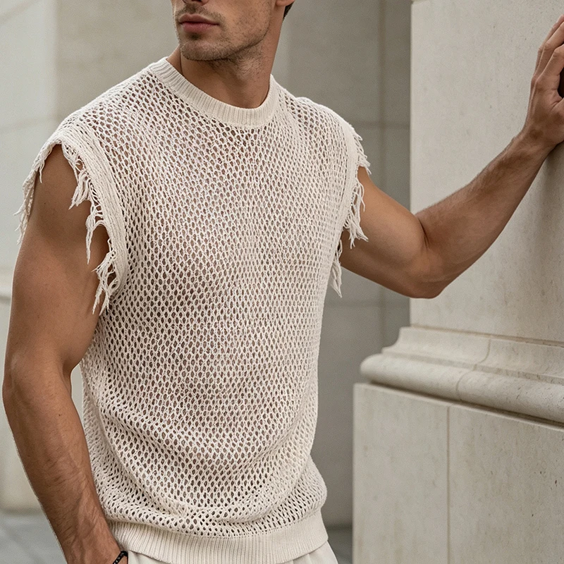 Vintage Hollow Out Knit Mens Vest Trendy Jacquard Sleeveless Tank Tops Summer Casual Loose Pure Color Knitting Men Camisole