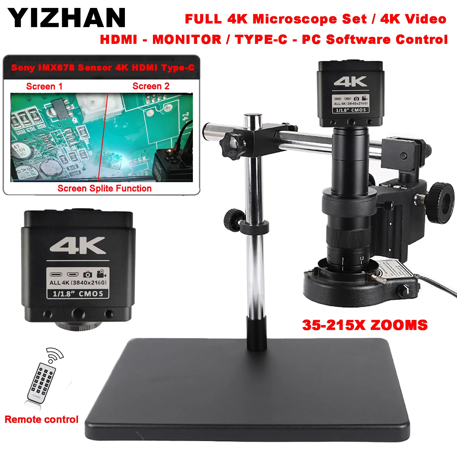 Yizhan Full 4K 1080P Digitalmikroskop IMX678 1/1.8" Sensor HDMI USB-C Mikroskopkamera 150X 215X Objektiv Fernbedienungssoftware