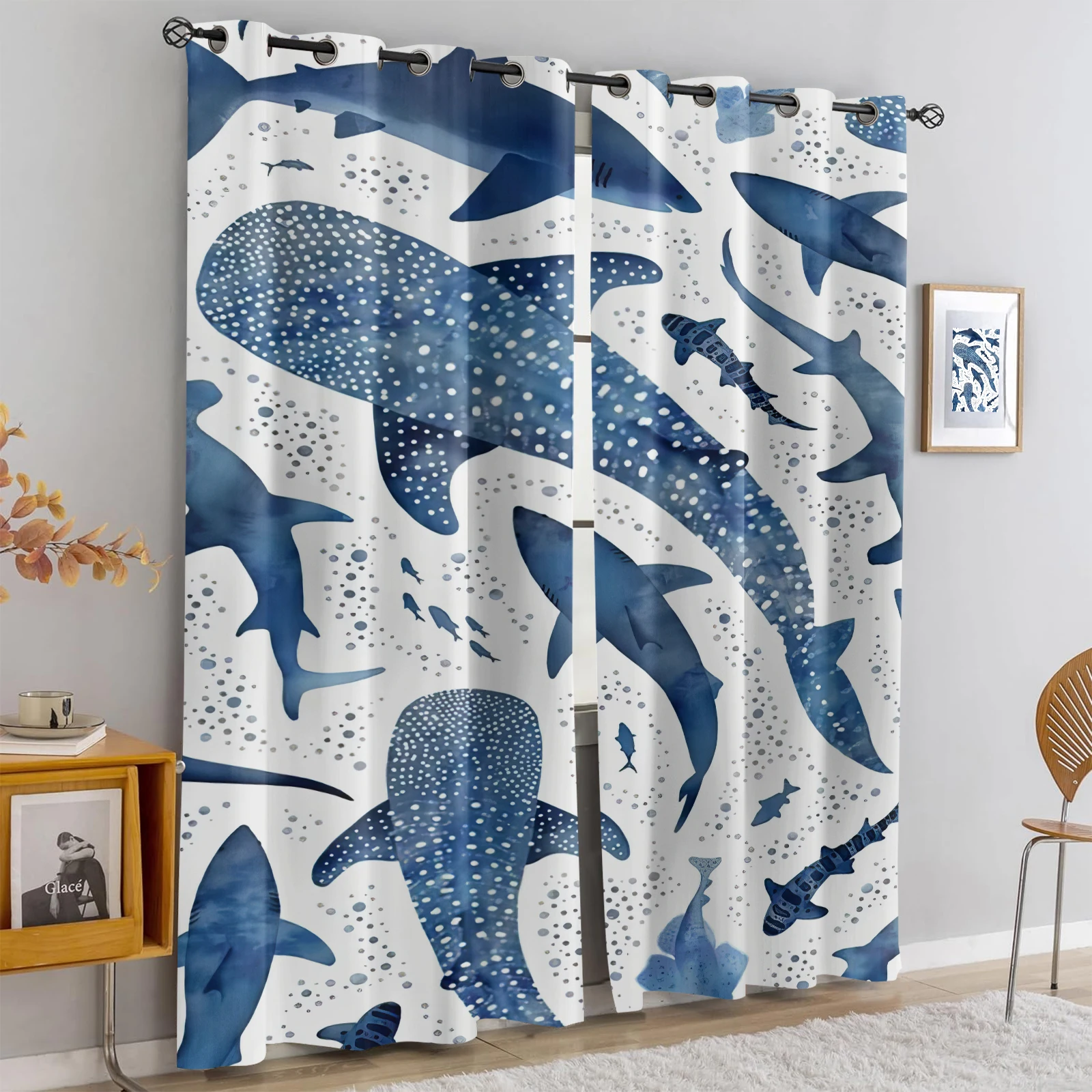 Home Decor Curtain - 2Pcs Shark Whale Shark Blackout Drapes,Watercolor