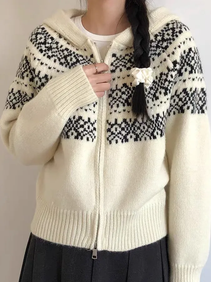 

Cisas Red Hooded Knitted Sweater Coat Women's Vintage ort Sle Anti-Aging Knitwear Autumn Winter Faion Ladies' Top