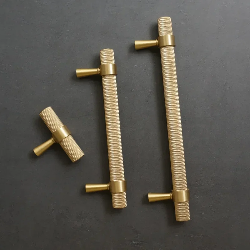 Long Knurled Handle Kitchen Cabinet Door Handles Drawer Pulls Solid Brass T Bar Bedroom Knobs Wardrobe Decor Furniture Hardware