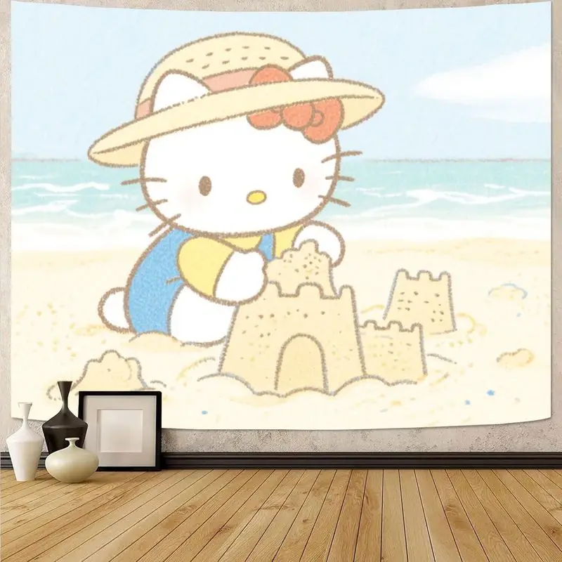 

1 шт. гобелен Sanrio Hello Kitty Kawaii, настенное искусство с замком из пляжного песка, декор для детской комнаты, летний подарок для любителей котенка