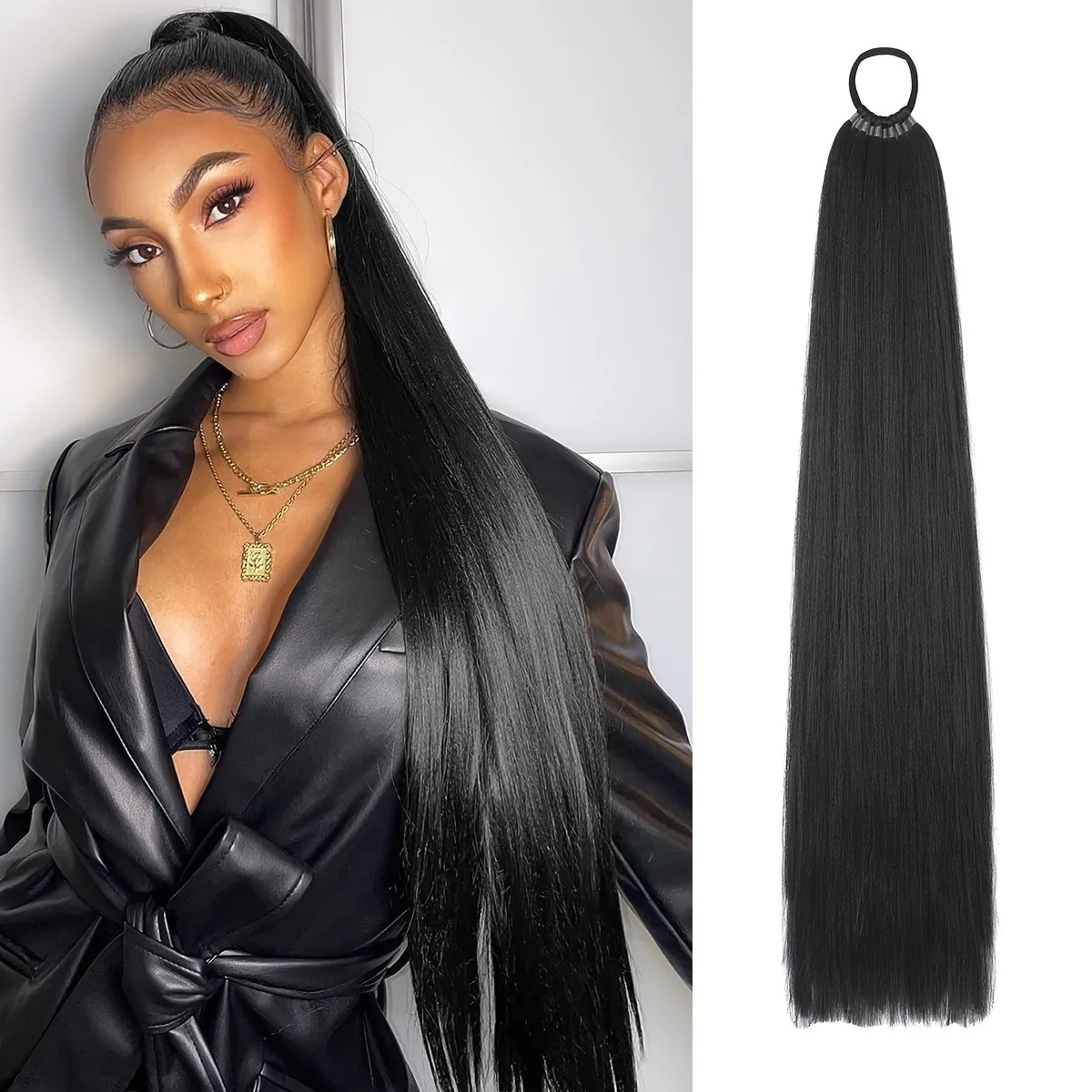 

24-дюймовый длинный прямой хвост, синтетические волосы для наращивания, обертывание вокруг боксерских косичек с резинкой для волос