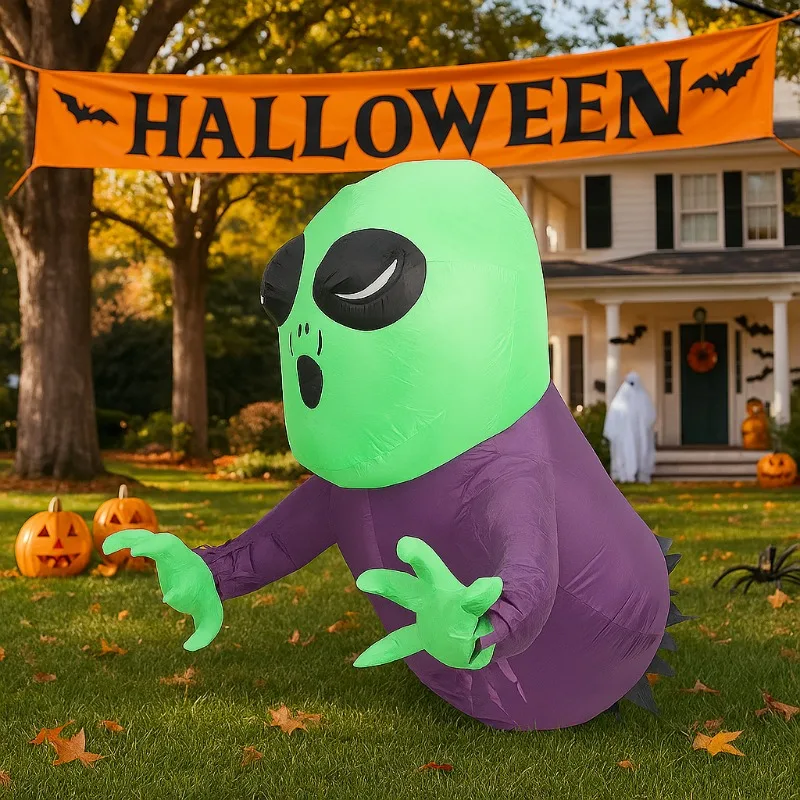 4FT Inflatable Toys Halloween Climbing Window Green Headed Ghost LED Light Outdoor Courtyard Glowing Terrifying Model Decoration