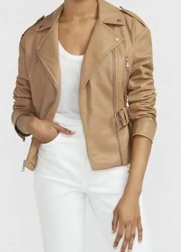 Women's Leather Jacket Genuine Lambskin Beige Handmade Casual Biker Motorcycle