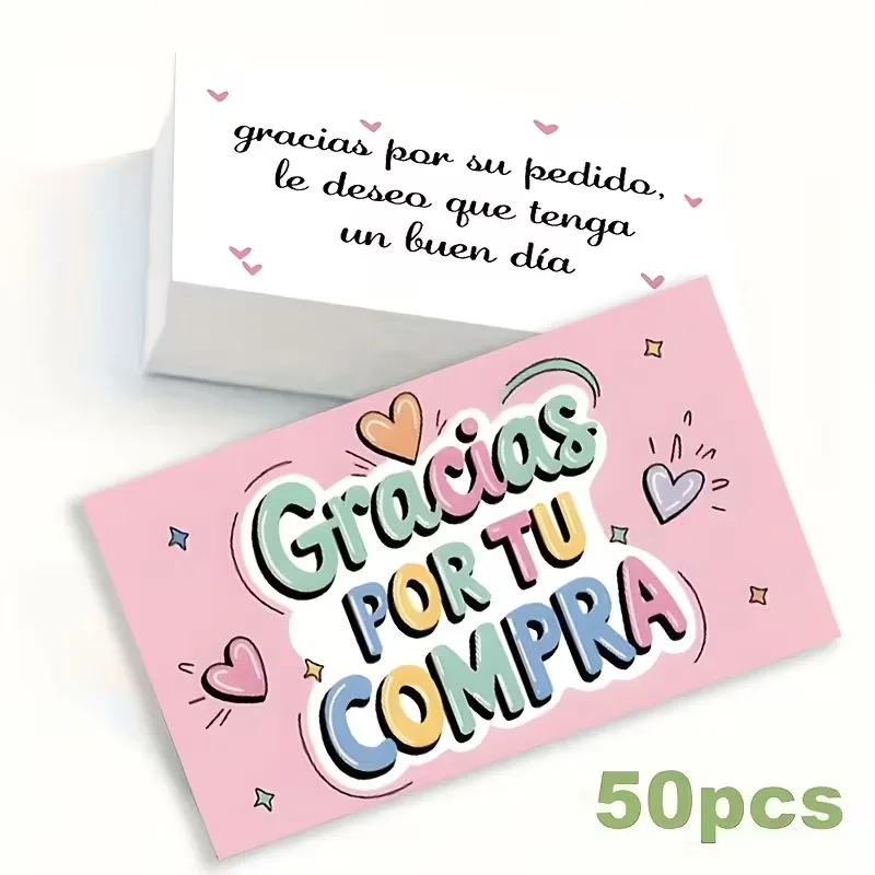 50pcs Pink Spanish Thank You Cards Gracias POR TU COMPRA Colorful Mini Greeting Note Cards for Appreciation Decorative Card