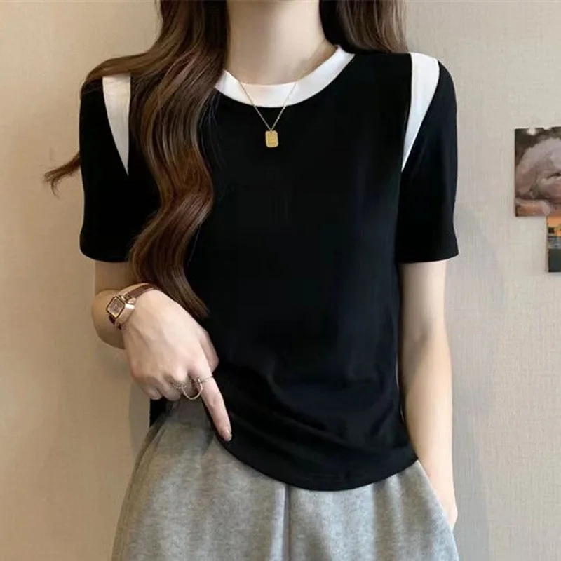 

2023 New Summer Fashion Round Neck Contrast Loose Covering Belly Front Shoulder Short Sleeve Versatile Casual Oversized T-shirt