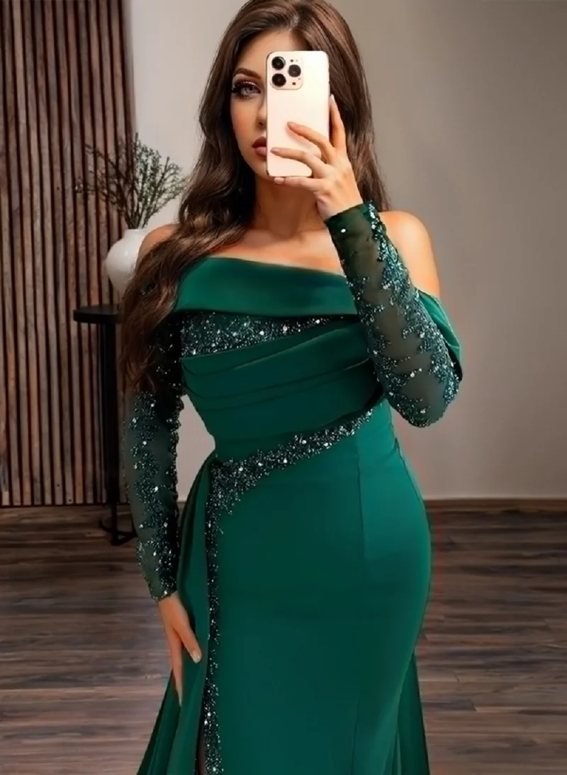 Elegante cetim verde sereia vestido de baile lantejoulas mangas lado split vestidos de noite até o chão formal vestido de baile personalizado