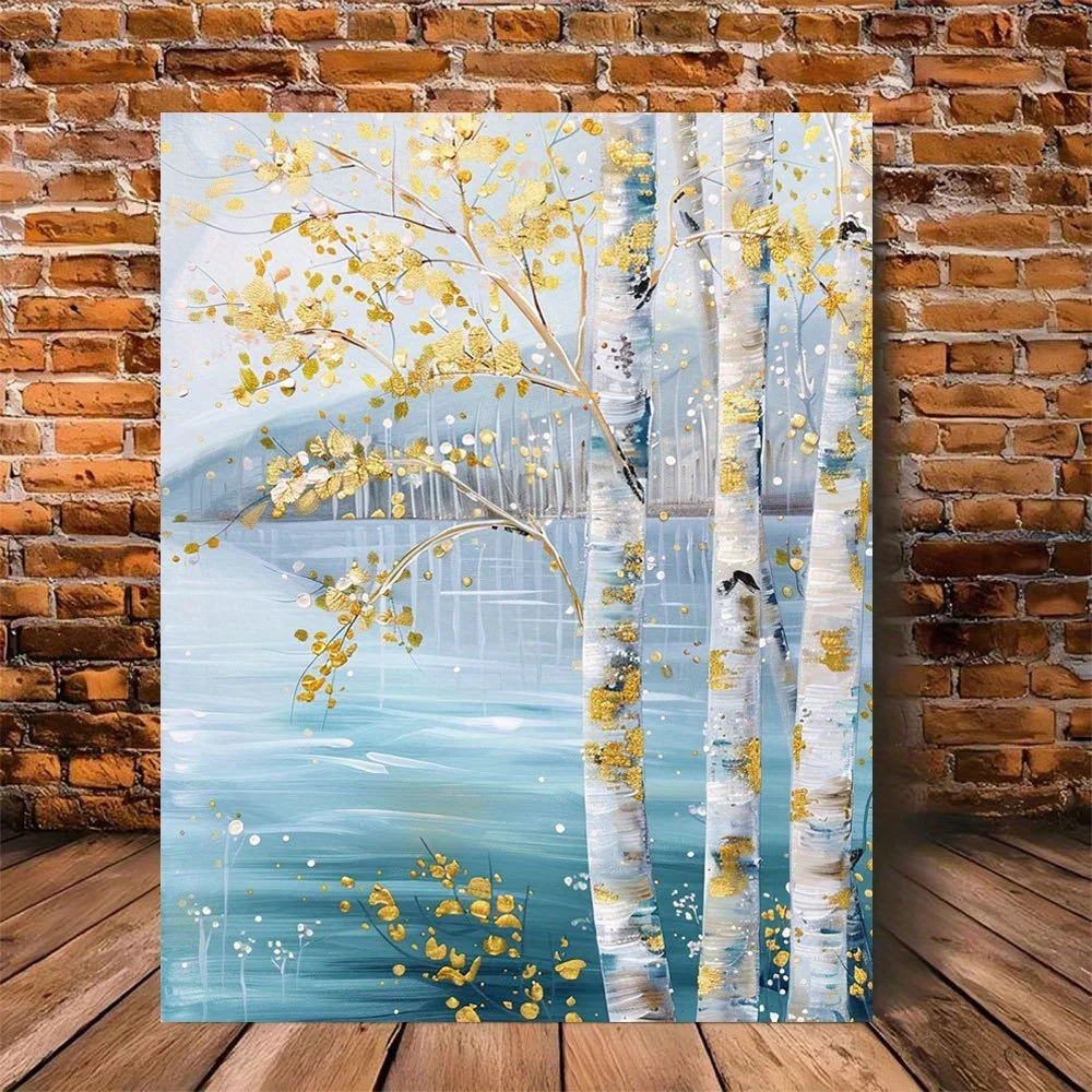 (No frame)2D Flat, 2D Flat 1pc Charming Yellow Birch Trees by the Lake Art Nouveau-Inspired Wooden Framed Canvas Painting, Pe