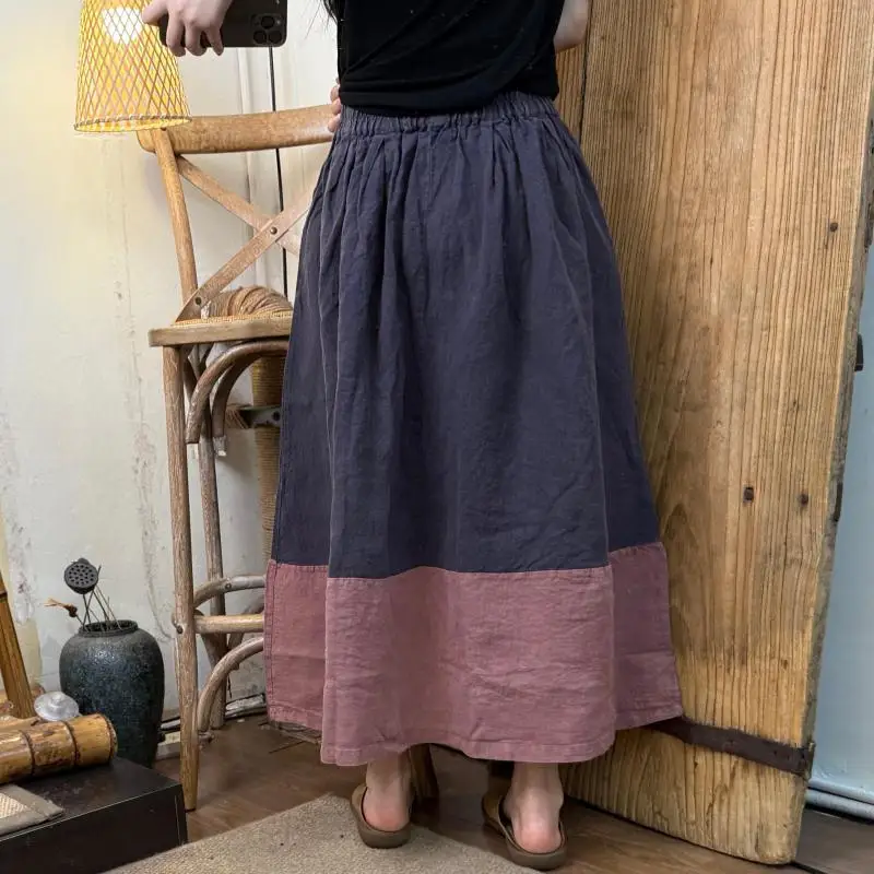 Nova primavera verão artes estilo feminino cintura elástica solta saia longa all-matched casual retalhos algodão linho a linha saias ht66