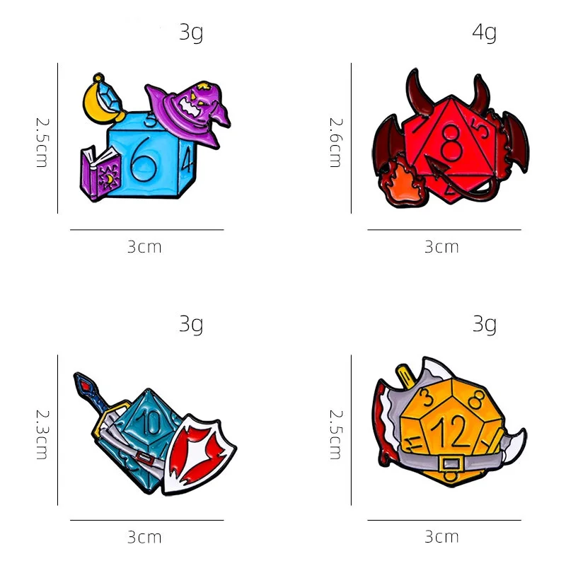 4 Styles Cartoon D20 Demon Enamel Brooches Cute Skull Dice With Axe Sword Shield Magic Hat Book Design Lapel Pins