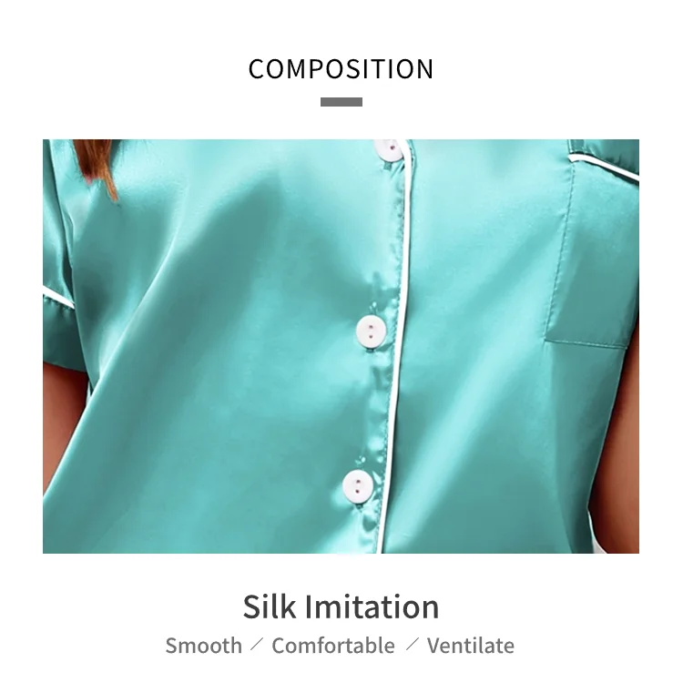 Luxuriöser Satin-Pyjama für Damen, Umlegekragen, Knopfleiste und Shorts, Nachtwäsche und Loungewear für den Sommer, Heimkleidungsanzug – Detail 34
