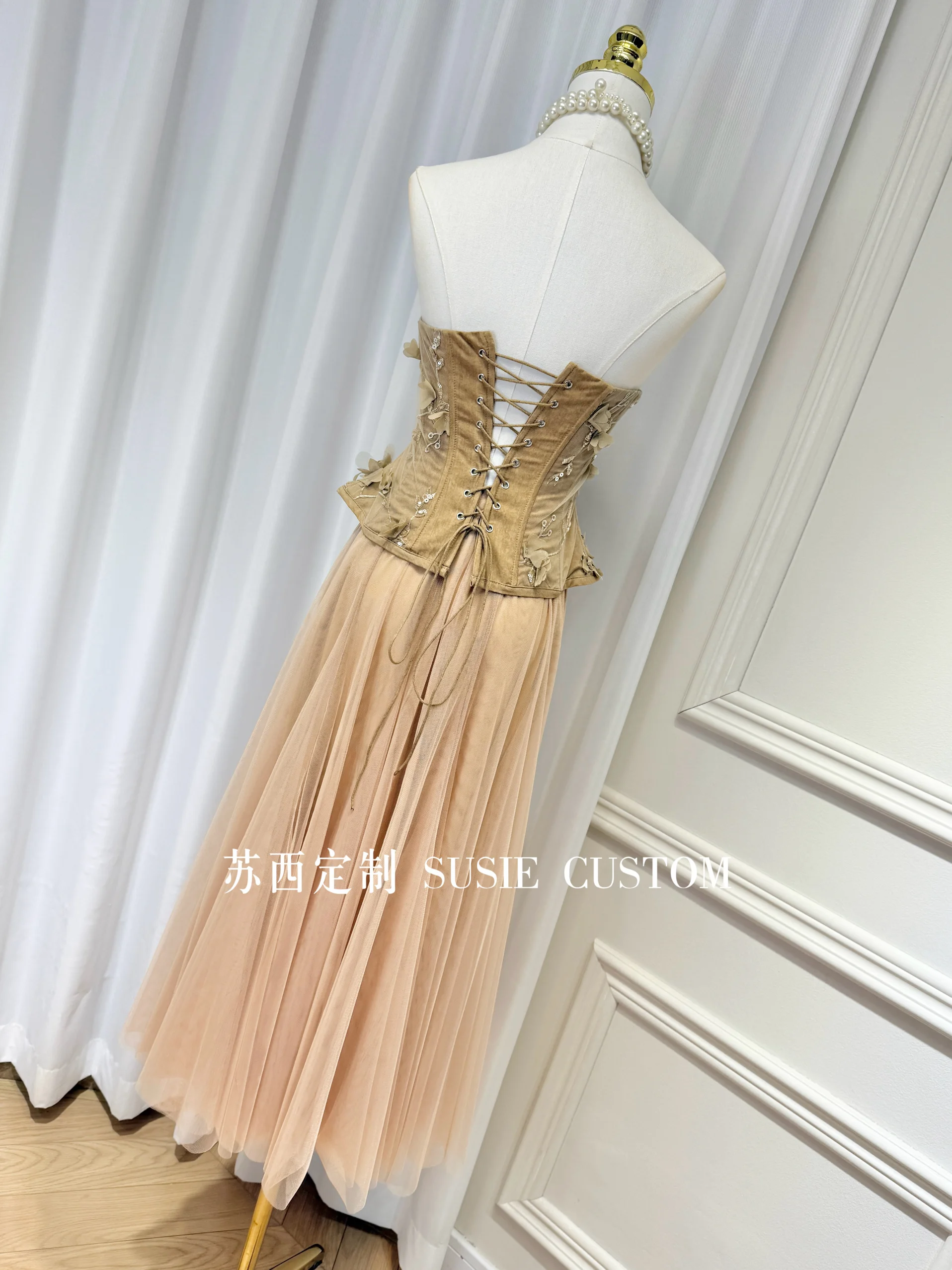 French Elegant Evening Skirt Sets 3D Mesh Flower Sequin Strapless Tops Elastic High Waist A-line Long Skirt Two-piece Set Women