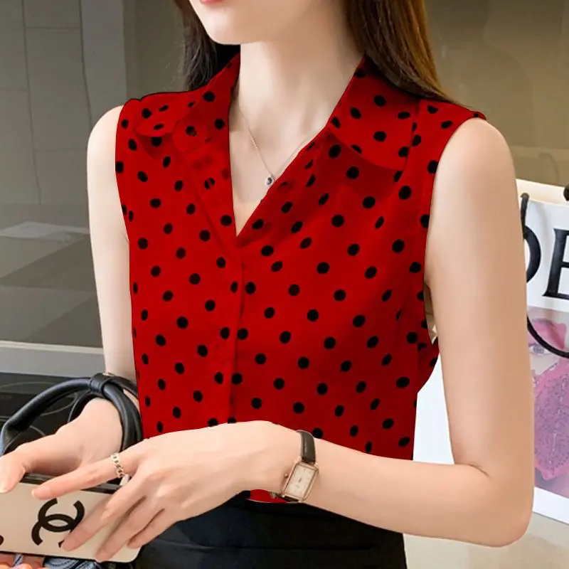 2024 Summer Women Korean Fashion Polka Dots Print Sleeveless Shirts Office Lady Elegant Commute Blouses Casual Slim Chiffon Tops