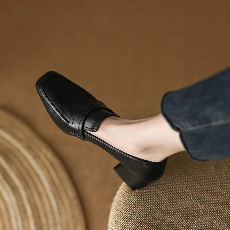 Genuine Leather High Heels Women's Chunky Heel Spring Autumn New Style Soft Bottom Square Head British Style Versatile Single...