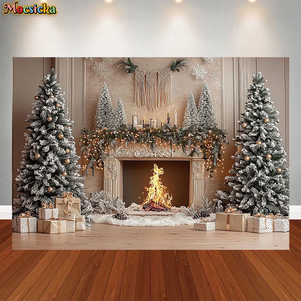 Mocsicka Photography Background Christmas Tree Fireplace Garland Holiday Decoration Boys Girls Photo Backdrop Studio Props