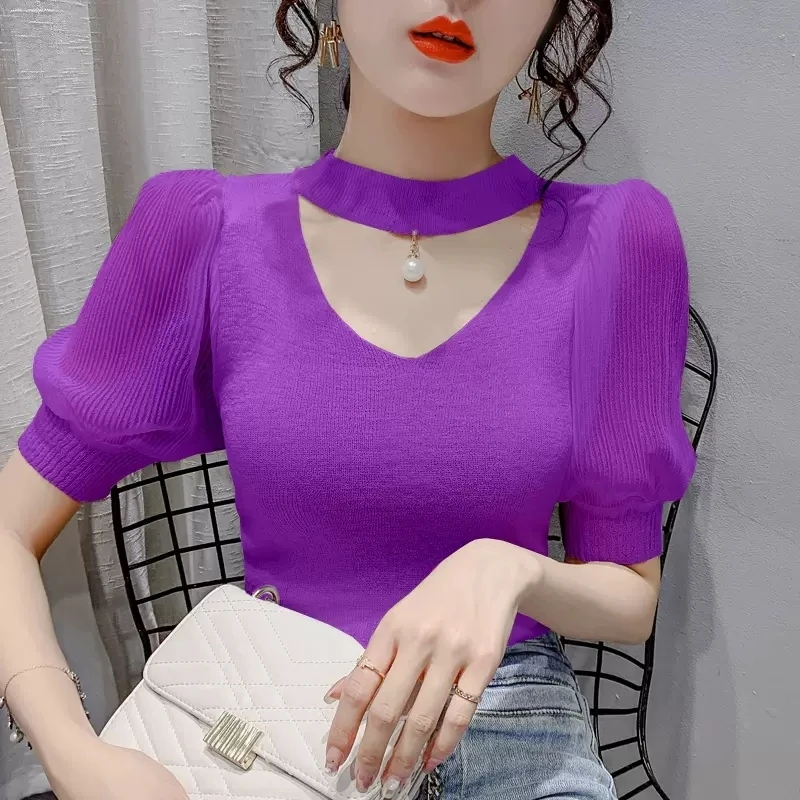 Korean Sweater Women Clothes Puff Sleeve Elegant Ladies Knit Tops Fashion Y2K Halter Sweaters 2022 Fall V Neck Woman Pullover