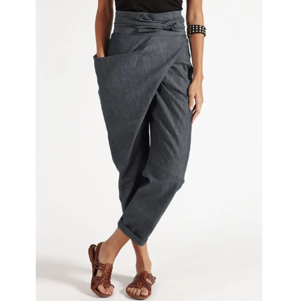 Women‘s Tie-Waist Cropped Pants - Asymmetrical Hem Wide Leg Trousers, High Waisted Casual & Office Pants with Unique Detail